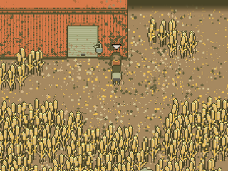 A screenshot of gameplay. There is no UI frame. The main character is in a field of wheat. The ground is dry and brown. They are facing an NPC dressed in red and some gold with an arrow over them. The NPC is standing in front of a rusty old barn with a metal door. There is a padlock on the door.