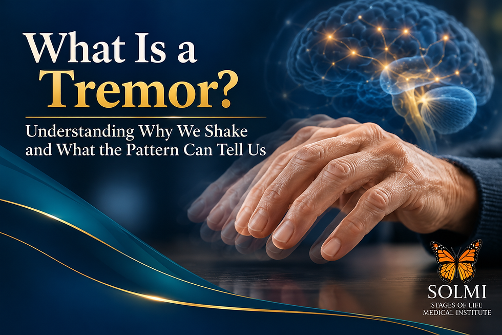 Professional medical infographic from Stages of Life Medical Institute explaining tremor, its common causes, and differences between essential, action, and Parkinsonian tremors.