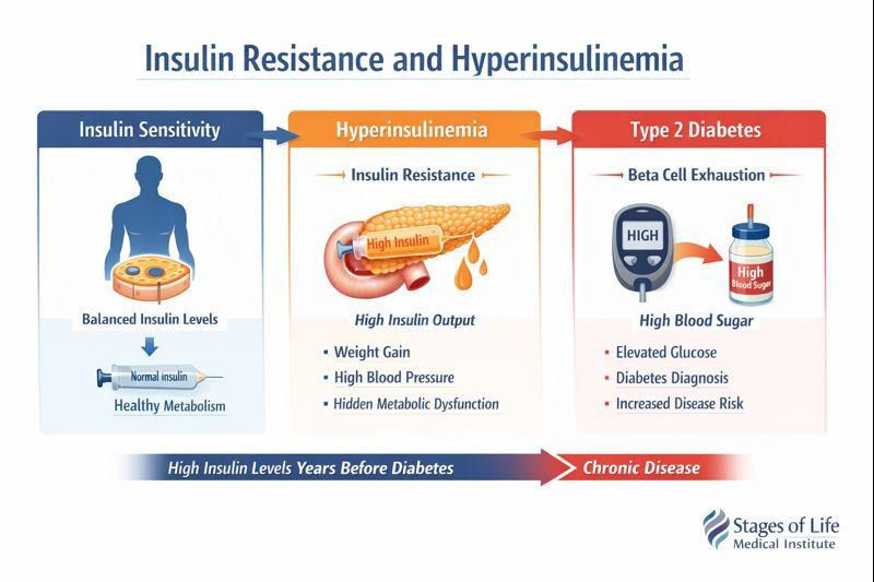 Timeline infographic showing progression from insulin resistance to metabolic syndrome and diabetes, emphasizing early detection and reversal opportunities.