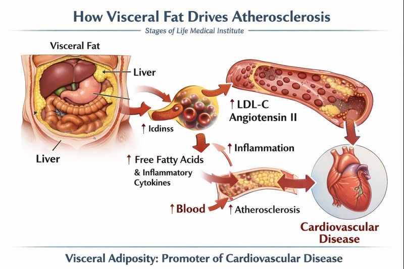 Medical diagram illustrating how visceral adiposity increases free fatty acids, inflammation, and atherogenic lipoproteins, accelerating atherosclerosis and cardiovascular disease risk.