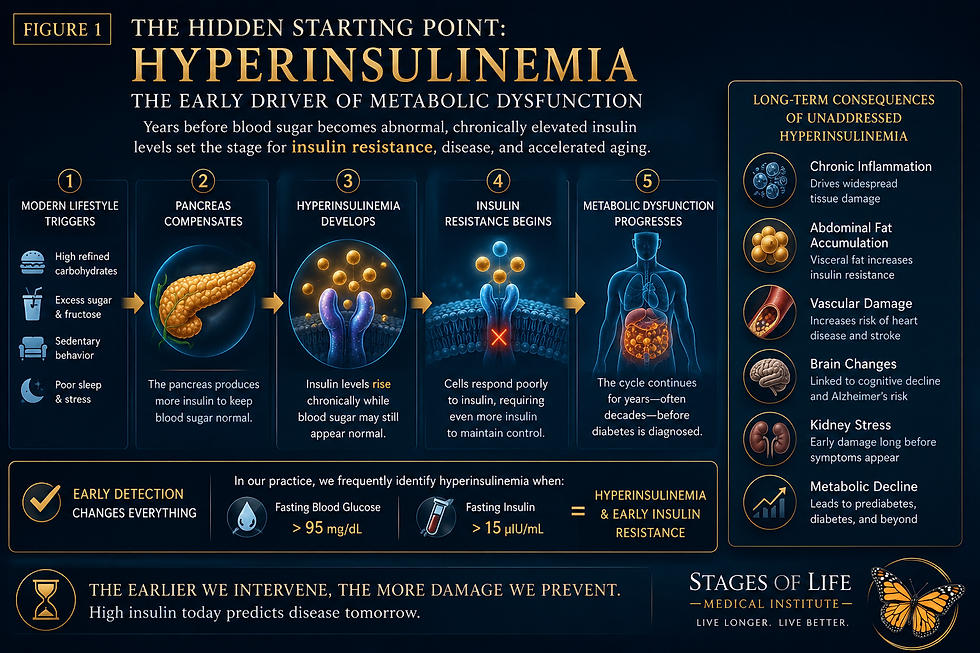 This educational infographic from Stages of Life Medical Institute illustrates how hyperinsulinemia frequently precedes diabetes by years. Elevated fasting insulin above 15 µIU/mL combined with fasting glucose above 95 mg/dL may indicate early insulin resistance, progressive metabolic dysfunction, cardiovascular injury, and accelerated biological aging before formal diabetes develops.