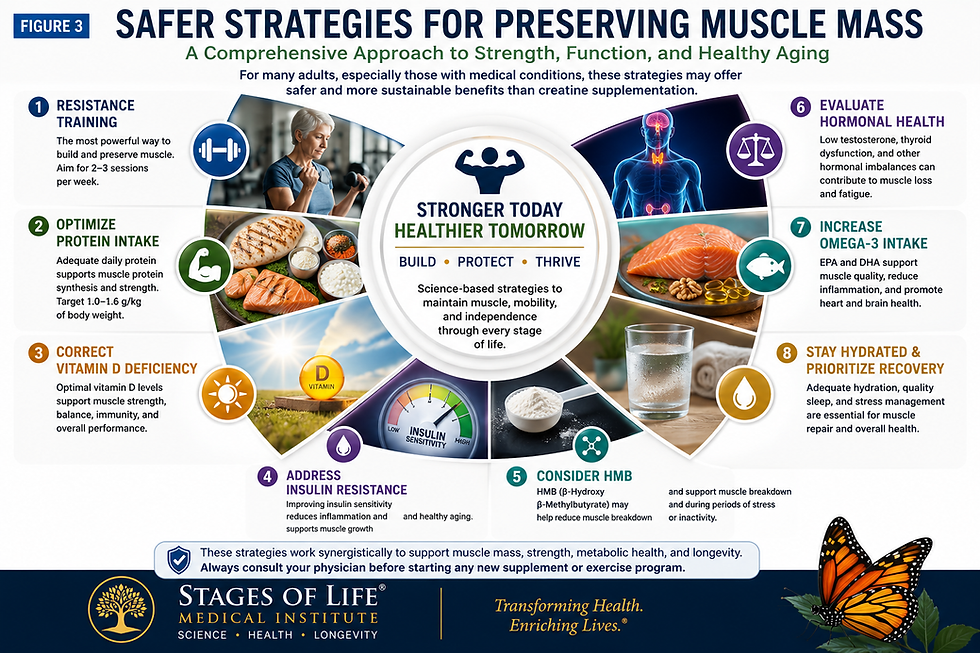 resistance training, nutrition, vitamin D, hormonal optimization, and omega-3 fatty acids as alternatives to creatine.
