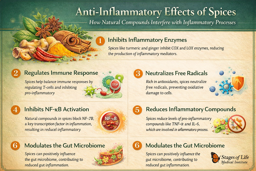 Infographic showing how spices like turmeric, ginger, and cinnamon reduce inflammation, support immune balance, and protect cells through natural compounds.