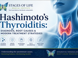 Medical infographic title slide for Hashimoto’s Thyroiditis featuring an illuminated thyroid gland surrounded by immune system and inflammatory elements on a dark blue and teal clinical background with gold accents. Premium serif typography displays the title. Stages of Life Medical Institute monarch butterfly logo positioned in the lower right corner, conveying autoimmune thyroid disease, diagnosis, and integrative treatment concepts.