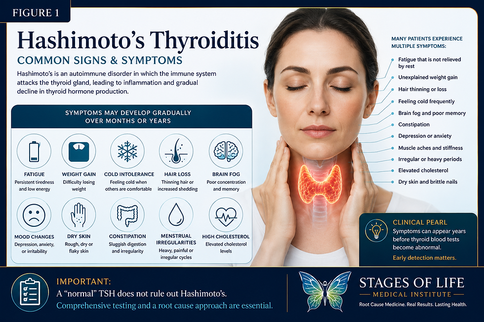 Medical infographic illustrating the common symptoms of Hashimoto’s thyroiditis including fatigue, weight gain, hair thinning, cold intolerance, depression, constipation, cognitive decline, dry skin, menstrual irregularities, and metabolic slowing associated with autoimmune thyroid disease and progressive thyroid dysfunction.