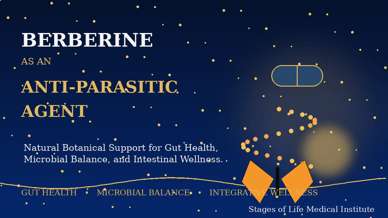 Cinematic animated medical intro highlighting berberine as a natural anti-parasitic and antimicrobial compound supporting gut health, microbial balance, intestinal wellness, and integrative gastrointestinal care.