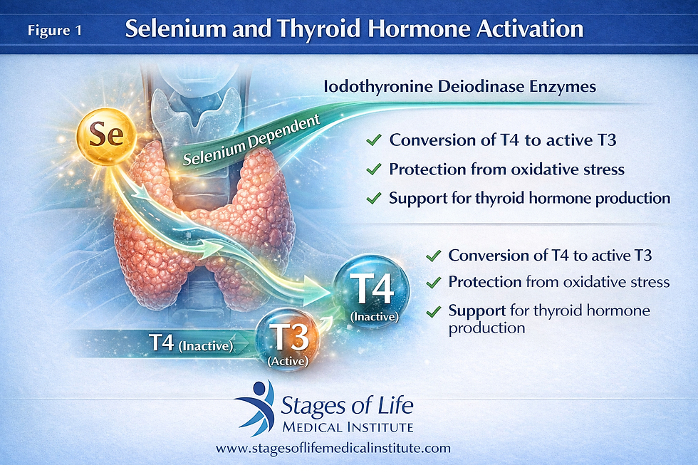 selenium-dependent deiodinase enzymes convert inactive T4 into active T3 while protecting thyroid tissue from oxidative stress.