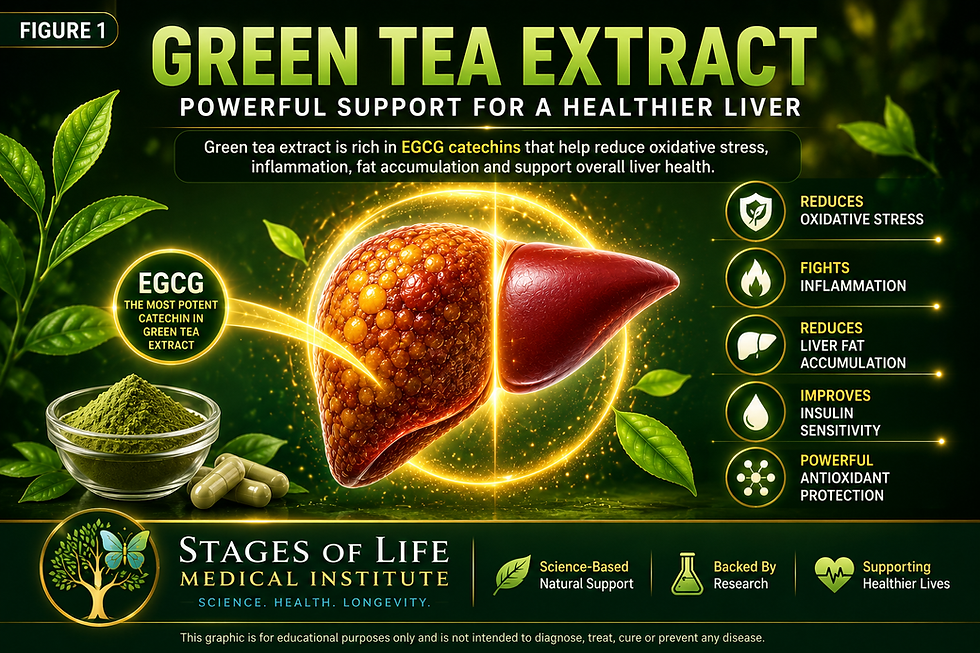Green tea extract rich in EGCG may help support liver health by reducing oxidative stress, inflammation, insulin resistance, and fatty liver progression associated with NAFLD, NASH, MASH, and chronic hepatitis.