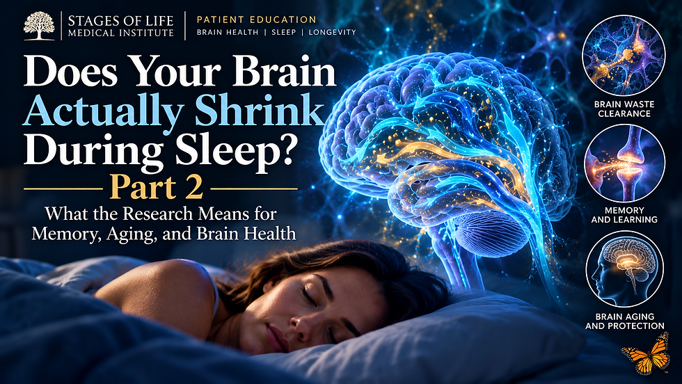 Sleep Stages and Glymphatic Clearance — Illustration comparing wakefulness, light sleep, and deep slow-wave sleep (N3). Research suggests that sleep-related changes in cerebrospinal fluid movement and astrocyte aquaporin-4 channels may influence the transport of metabolic waste, including amyloid-beta and tau proteins, with potential implications for memory and neurological aging.