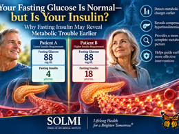 Professional medical infographic from Stages of Life Medical Institute comparing fasting insulin vs. fasting glucose and showing how elevated fasting insulin may reveal early insulin resistance and compensatory hyperinsulinemia despite normal blood glucose.
