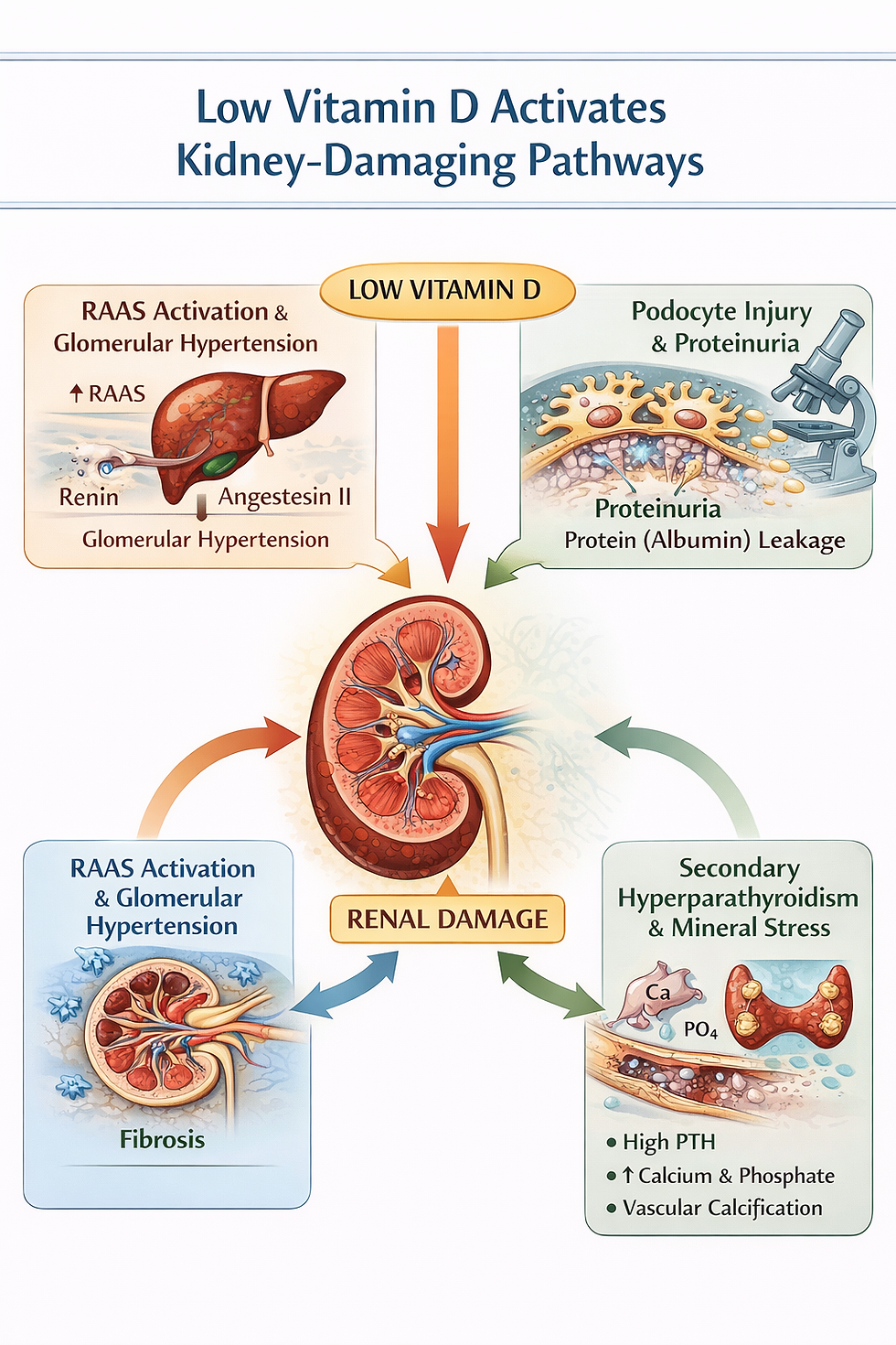 Infographic illustrating how vitamin D deficiency promotes RAAS activation, proteinuria, fibrosis, and mineral imbalance leading to kidney damage.