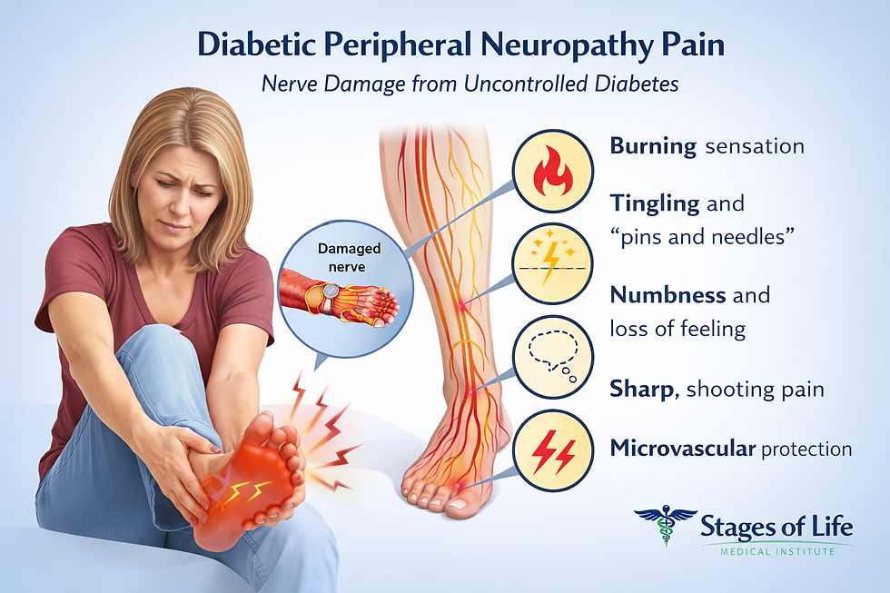 painful foot with diagram illustrating diabetic peripheral neuropathy, nerve damage, and burning pain symptoms.