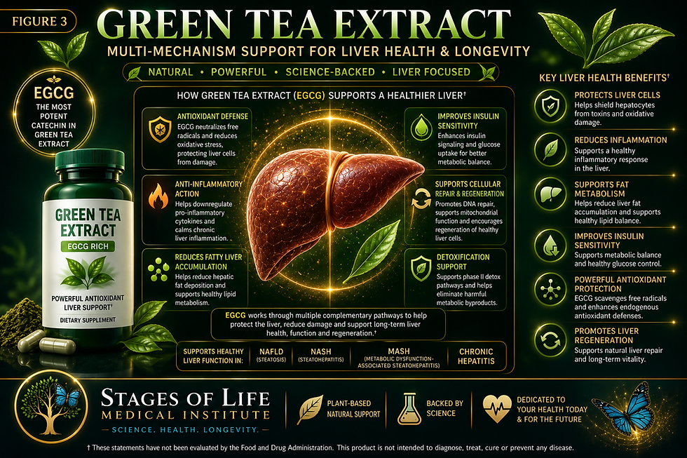 Educational infographic demonstrating how green tea extract and EGCG may support liver health through antioxidant defense, inflammation reduction, improved insulin sensitivity, liver regeneration, and reduction of fatty liver progression associated with NAFLD, NASH, MASH, and chronic hepatitis.