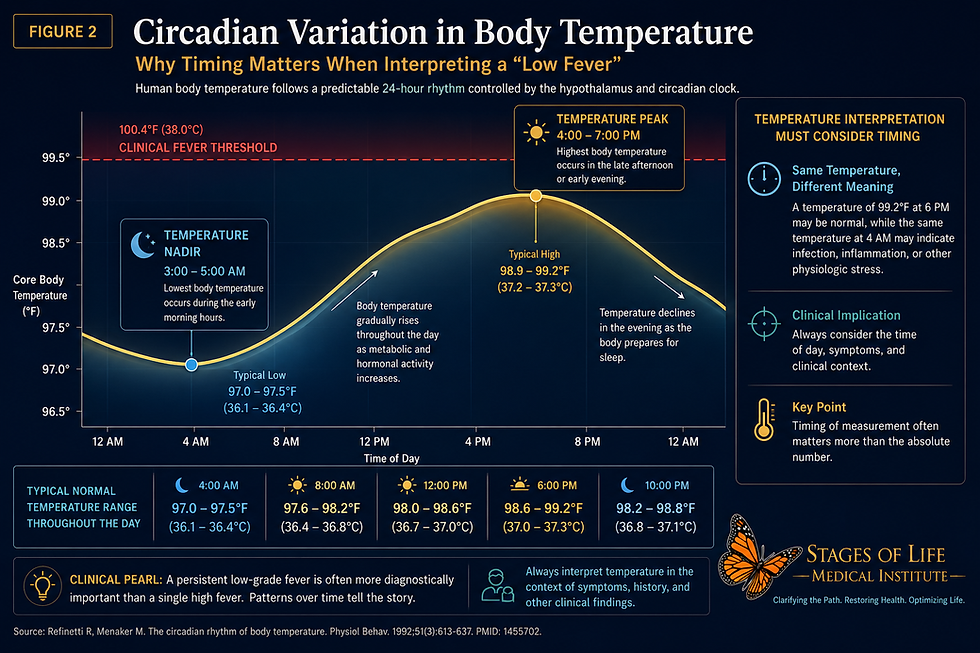 This medical infographic illustrates normal circadian variation in body temperature over a 24-hour cycle and explains why the timing of a low-grade fever is critical when evaluating infection, inflammation, and clinical significance.