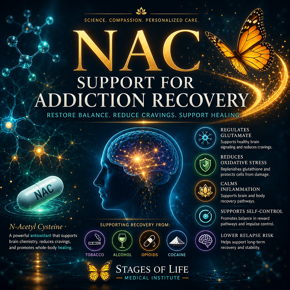 Can NAC help reduce cravings and support addiction recovery?
Emerging research suggests N-acetyl cysteine may help regulate brain reward pathways, reduce oxidative stress, and support long-term recovery from tobacco, alcohol, opioid, and cocaine dependence.
Learn more at Stages of Life Medical Institute.
