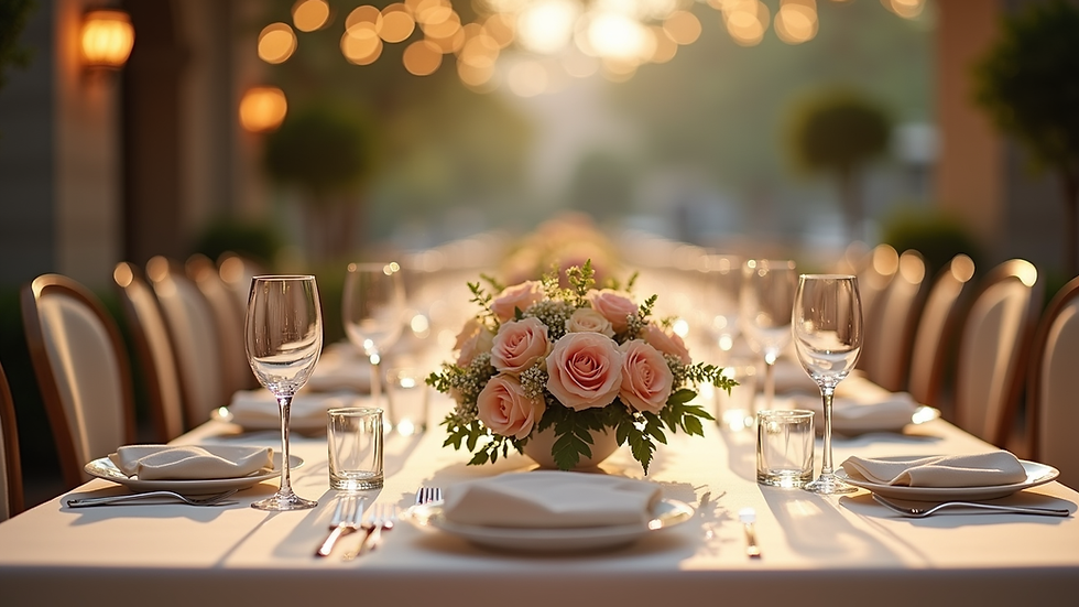 Eye-level view of a wedding reception table set with elegant floral centerpieces