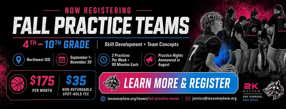 Texas Mayhem Fall Practice Teams flyer for fall basketball training in Fort Worth