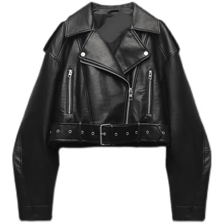 BBWM Women Oversized Vintage Loose Pu Faux Leather Short Jacket with Belt Street