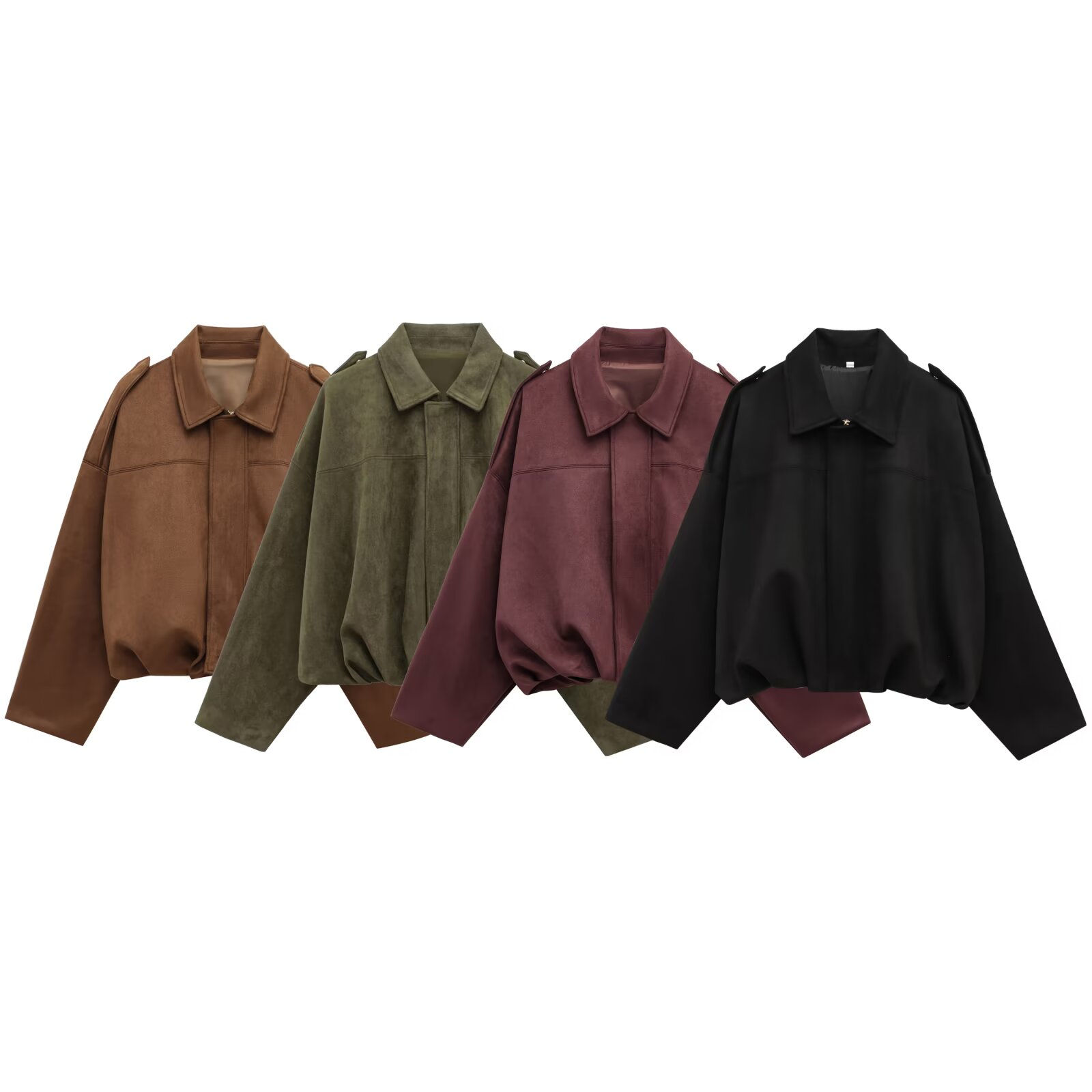 HH Women Brown Green Suede Jacket Loose Casual Bomber Coat Lapel Zipper Long Sle
