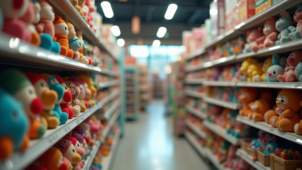 Eye-level view of a colorful toy display in a store