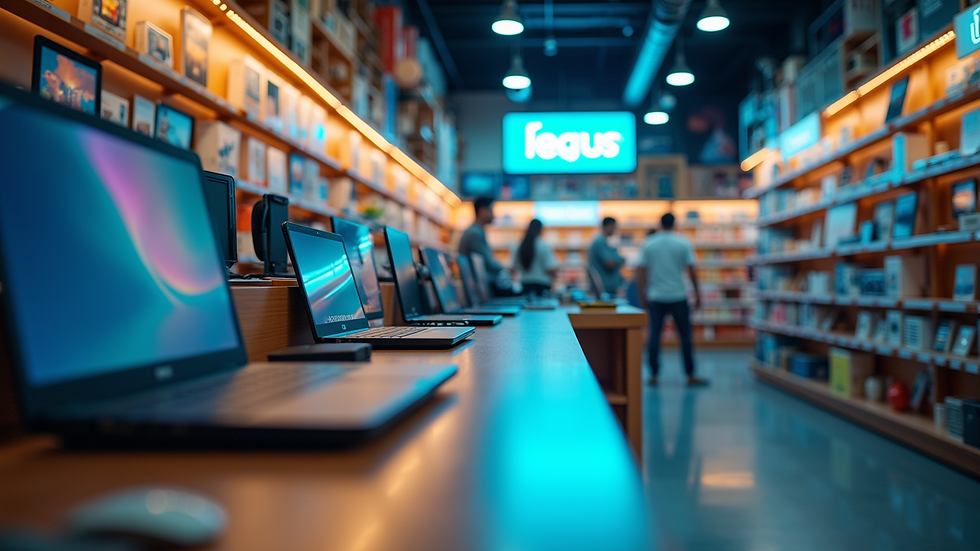 Eye-level view of a vibrant electronics store showcasing various gadgets