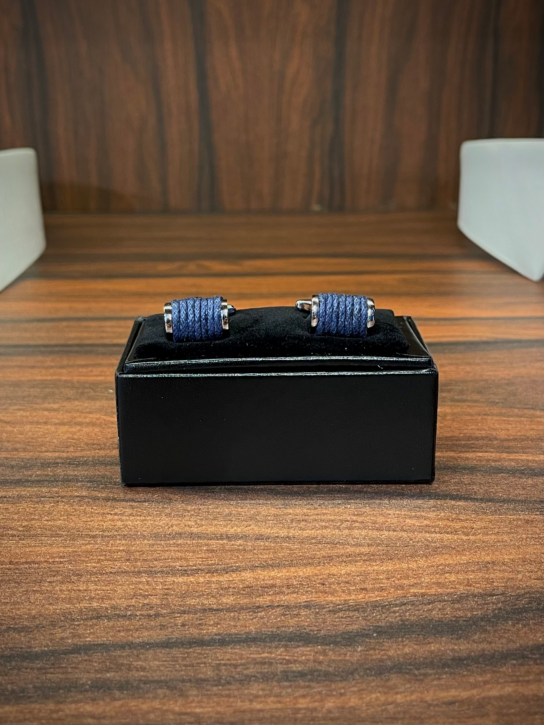 Abotoadura Metal Blue Leather