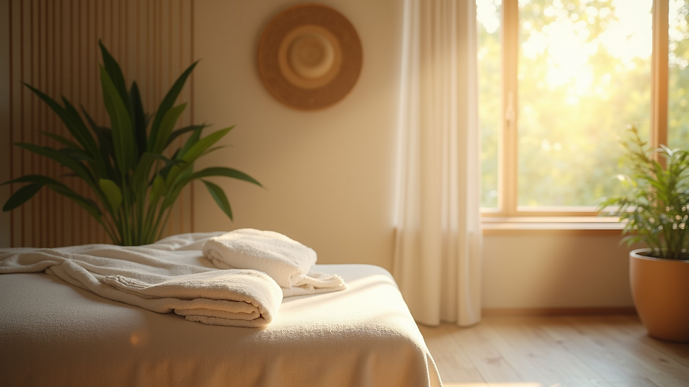 Augenblickaufnahme einer ruhigen Massageraum-Atmosphäre mit gedämpftem Licht und Pflanzen