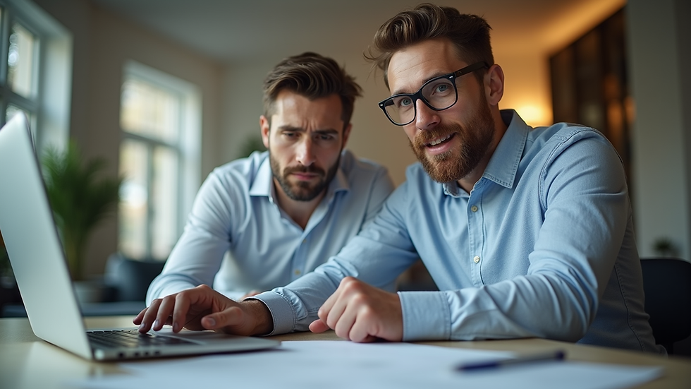 Eye-level view of a project coach guiding an employee with a laptop