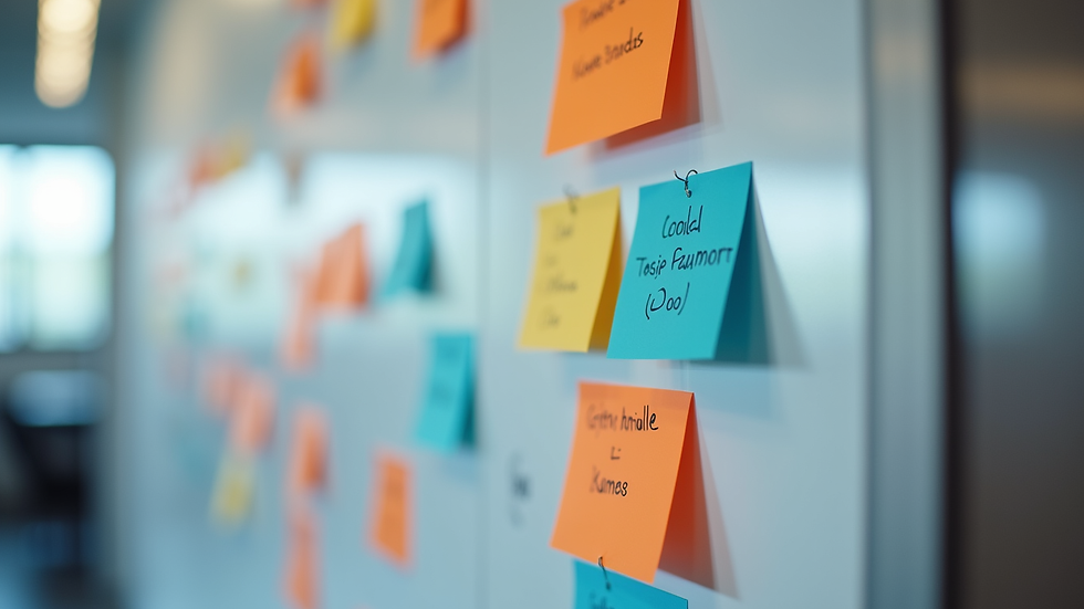 Eye-level view of a Kanban board with colourful task cards