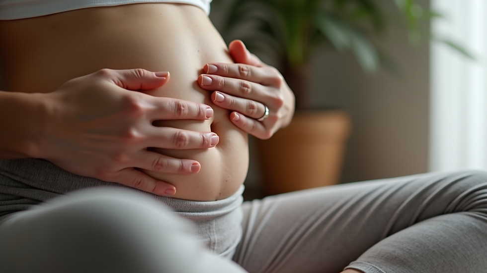 Close-up view of a person’s hands resting on their belly while practicing breathing