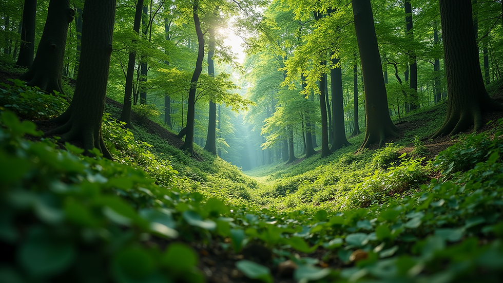 Wide angle view of a lush green forest