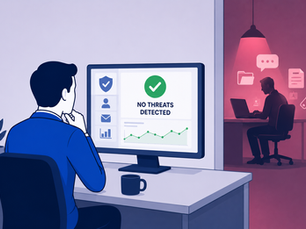Office worker views monitor showing NO THREATS DETECTED; nearby red-lit hacker works on laptop with file and chat icons.