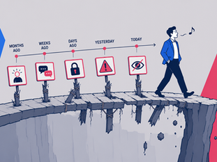 a whistling man crossing a broken bridge with timeline of insider risk warnings