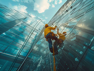 worker cleaning building window