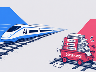 a fast modern train with a label says AI on the left and on the right is an old train cart that says governance