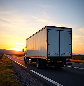 awhite box truck in a road left to rigth with a sunset in the background.jpg