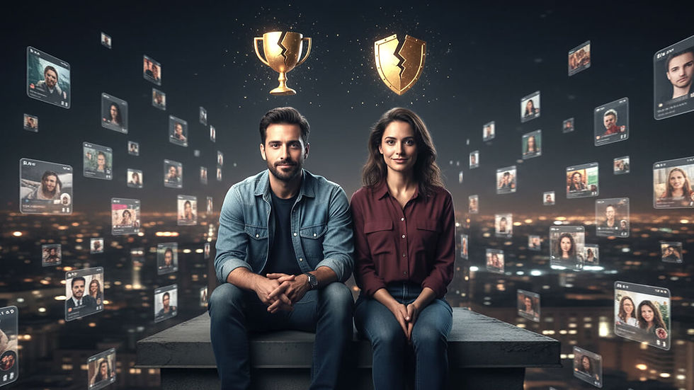 תמונת גבר עם גביע שבור מעל ראשו, ואישה עם מגן שבור מעל ראשה, המסמלים את המרדף הריק אחר אישור וביטחון חיצוניים