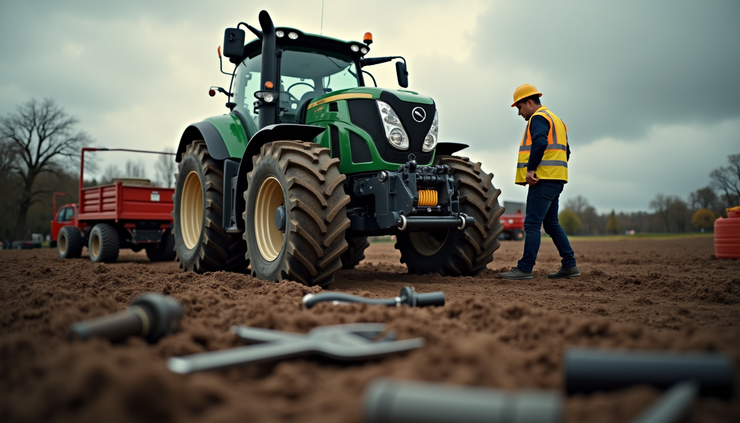 Eye-level view of a tractor undergoing a safety inspection in a farmyard