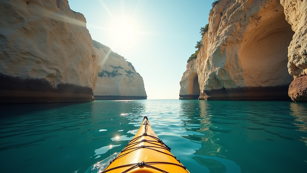 Vista aérea de un kayak navegando cerca de la costa rocosa de Villanueva y Geltrú