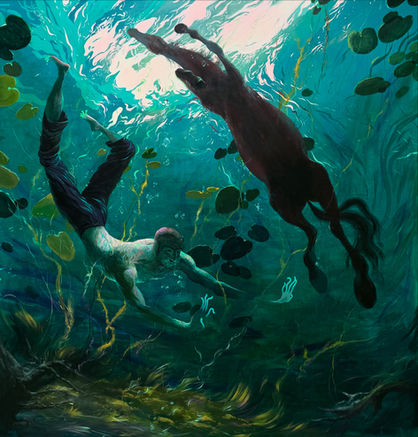 horse and a man swimming in the lake 