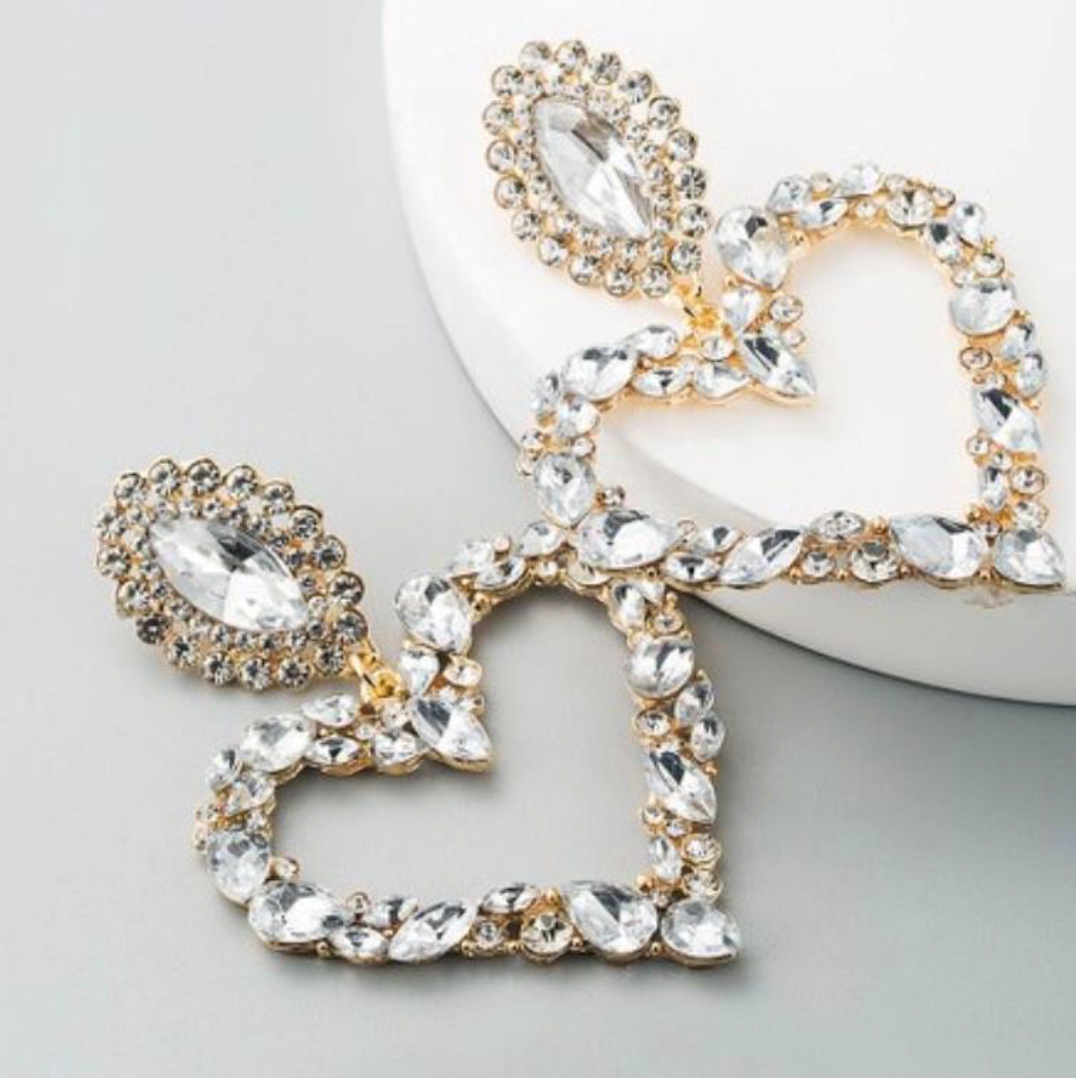 Rhinestone & Goldtone Swing Heart Drop Earrings