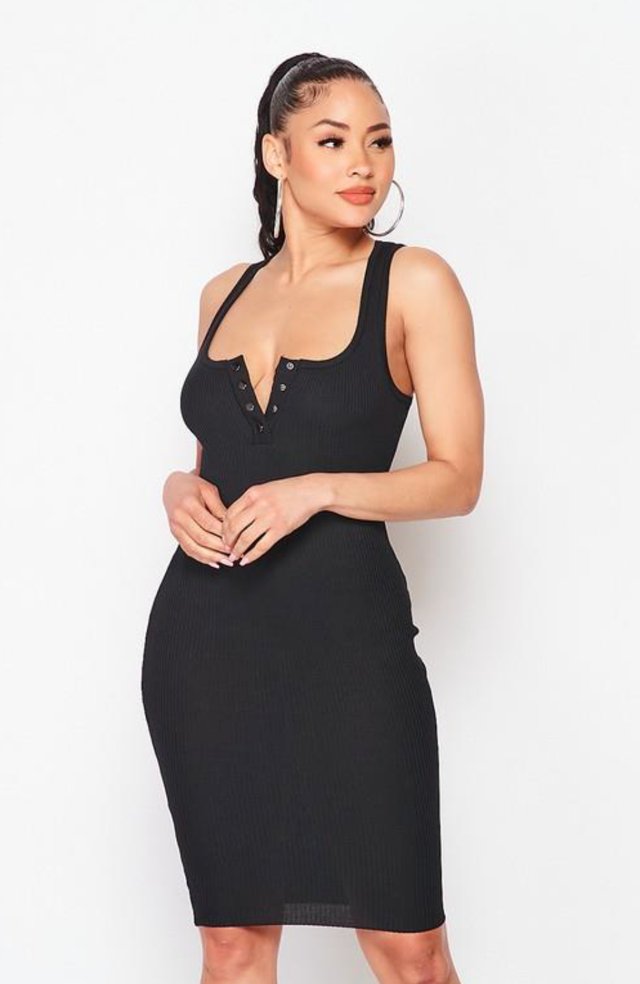 Thumbnail: Just Right Ribbed Bodycon Midi Dress - Black