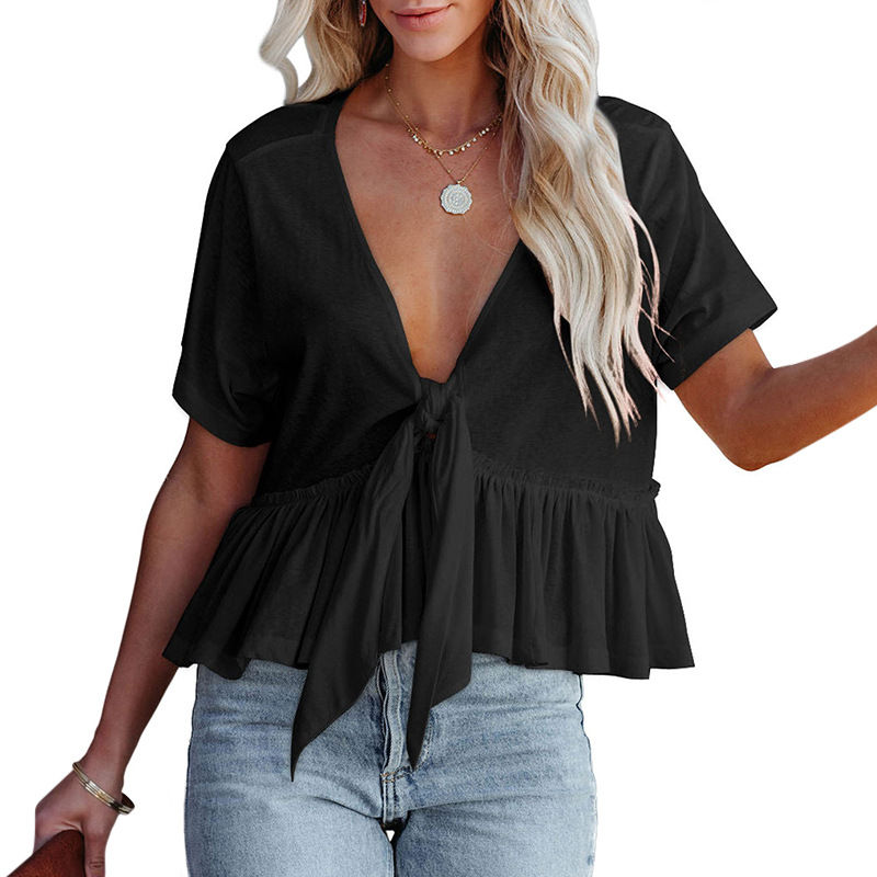 Miniatura: Fashionable Women's V-Neck Ruched Crop Top Shirt