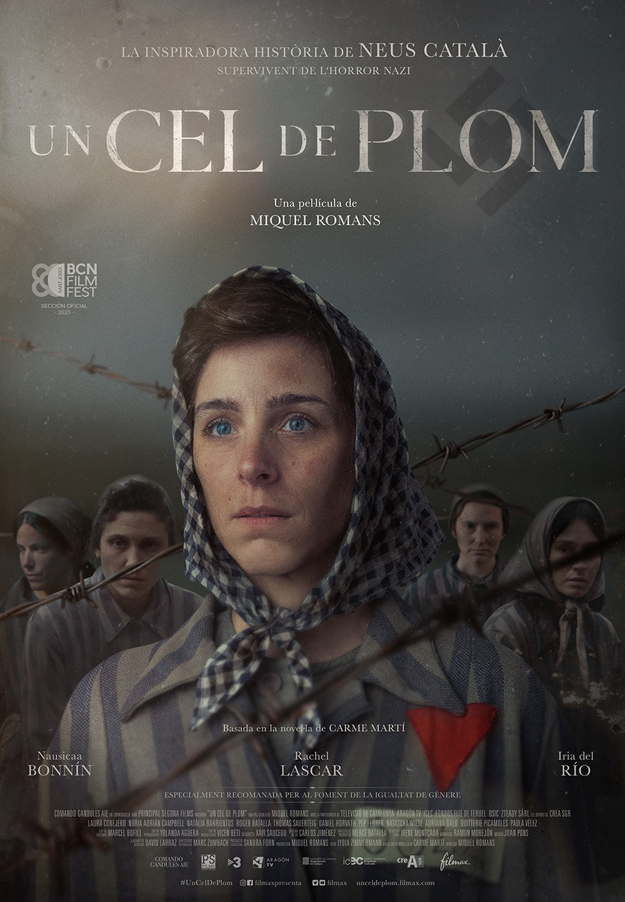 poster of a Jewish woman dressed as a prisoner with her companions behind a barbed wire fence