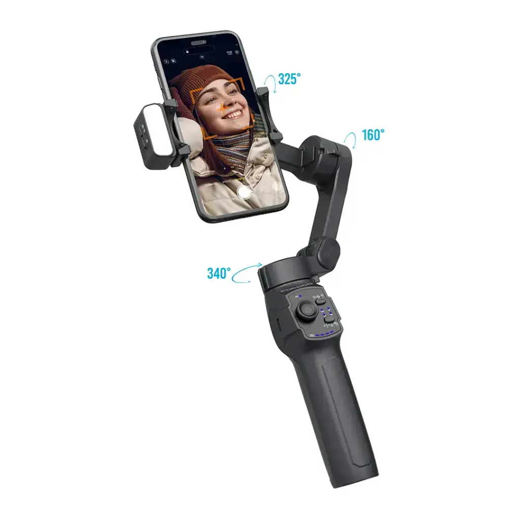 Porodo 3-Axis Gimbal Stabilizer with Magnetic Fill Light – Black