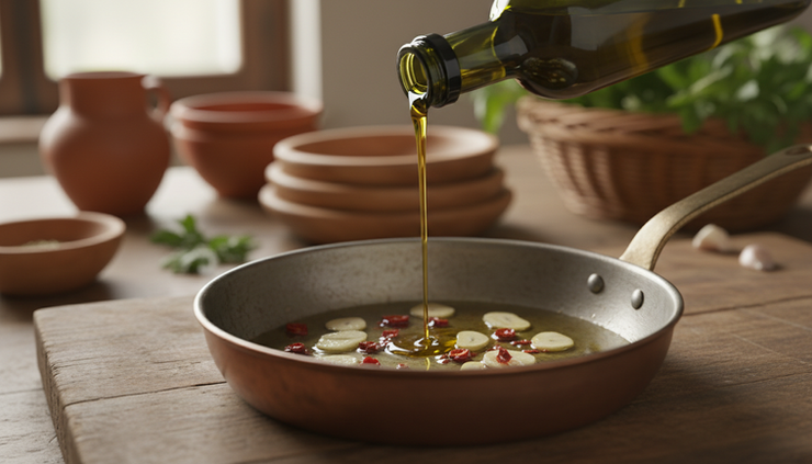 Close-up of olive oil being poured over sliced garlic and chilli.
