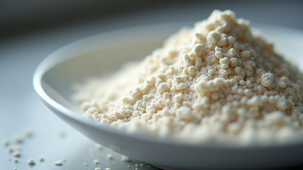 Close-up view of creatine powder in a white bowl