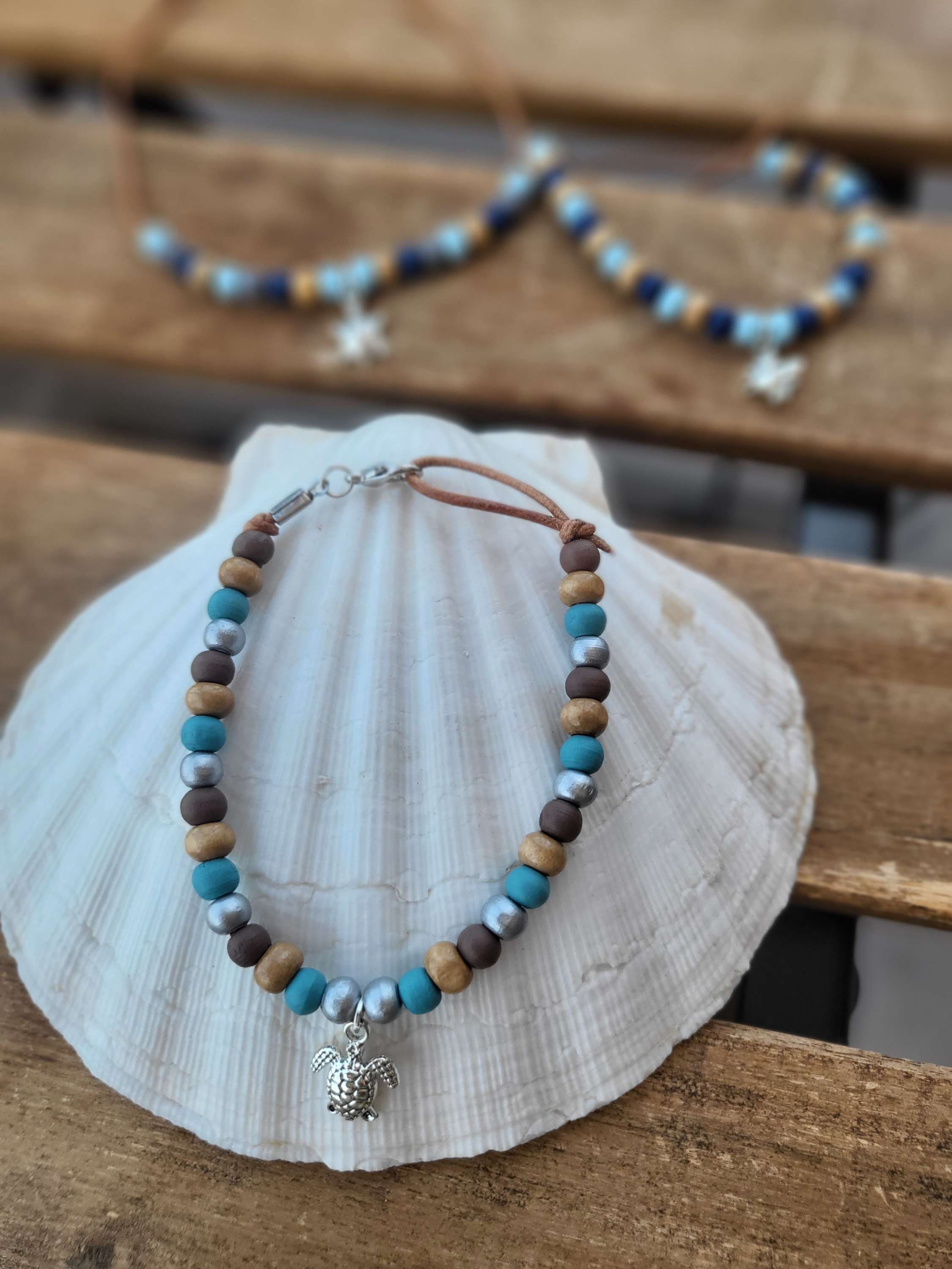 Natural wooden beaded bracelet, handmade with choice of beach charms.