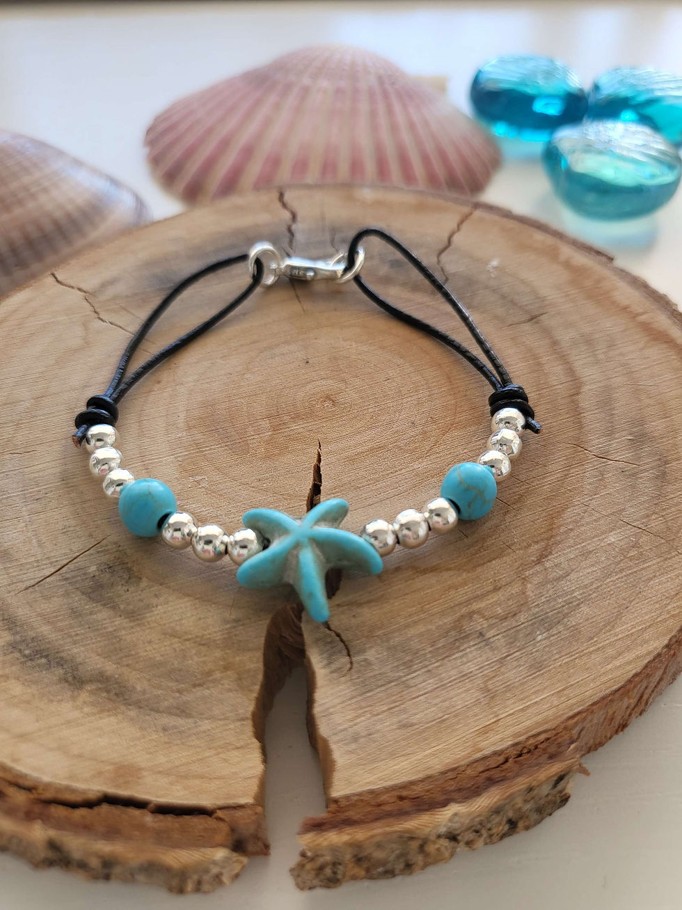 Thumbnail: Silver beaded, charm bracelet on black leather