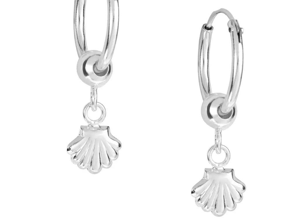 Pretty 12mm hoops with silver shell charm.